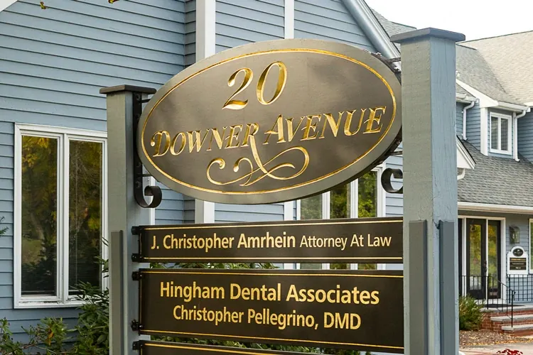 The sign at 20 Downer Avenue naming Hingham Dental Associates and Christopher Pellegrino, DMD.